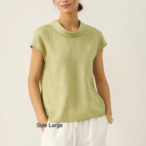 Lintico Linen Top “Yvonne” Cap Sleeve Soft-Fold Collar Sage Apple Green L